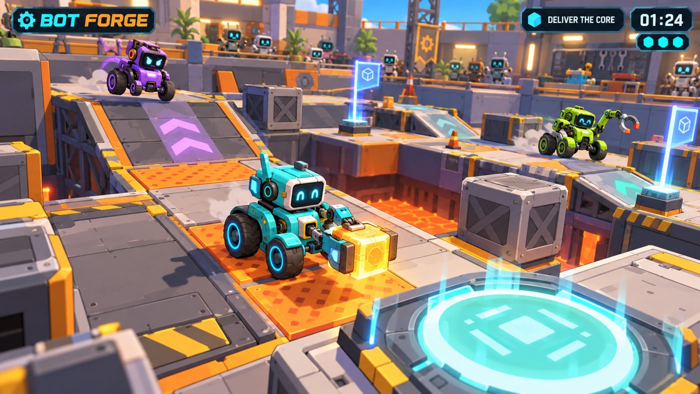 Bot Forge concept: small wheeled robots race through a factory arena of ramps and lava pits to deliver a glowing core