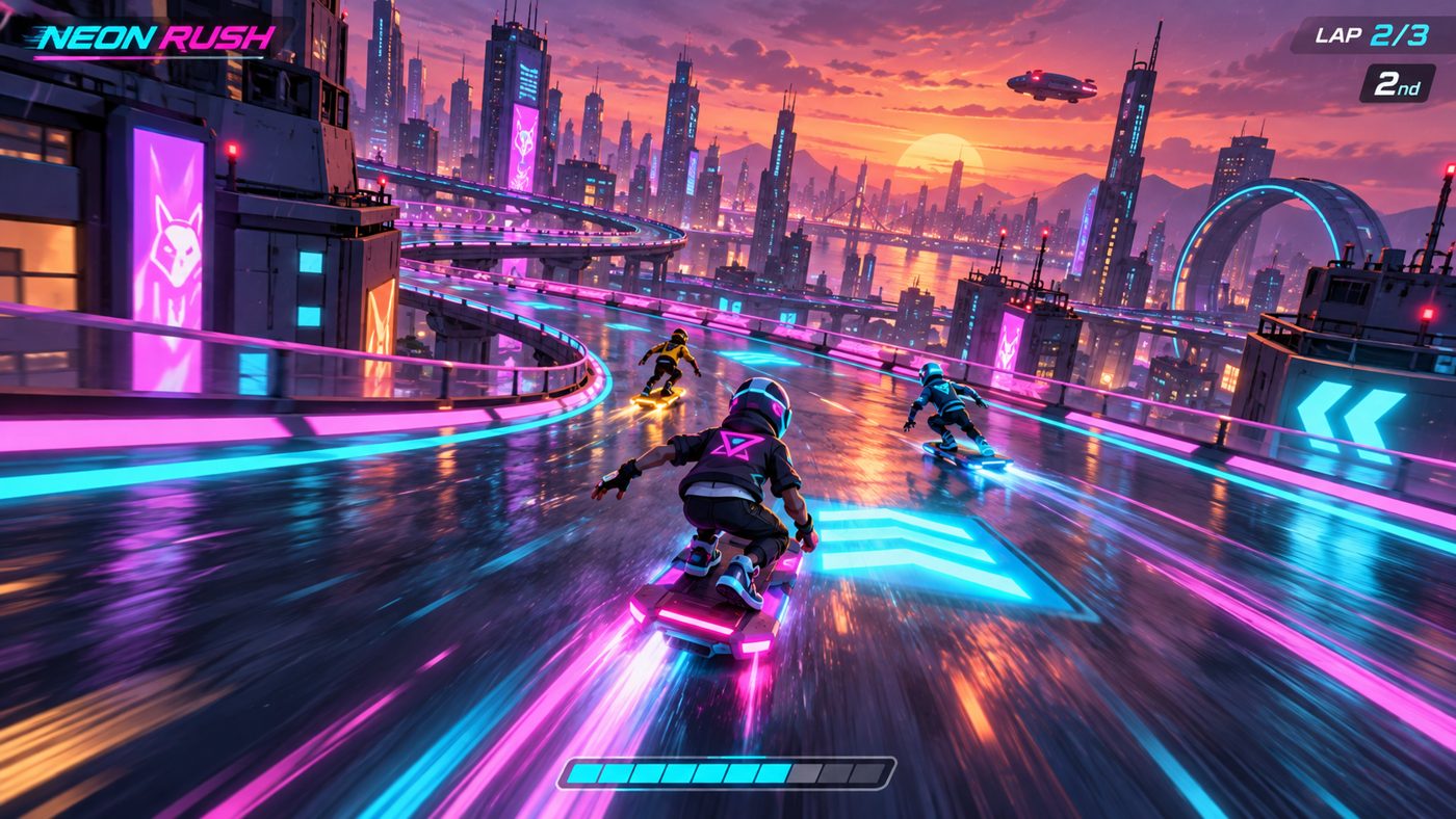 Neon Rush concept: hoverboard racers speeding along a neon highway above a city at sunset, with a lap counter and boost meter
