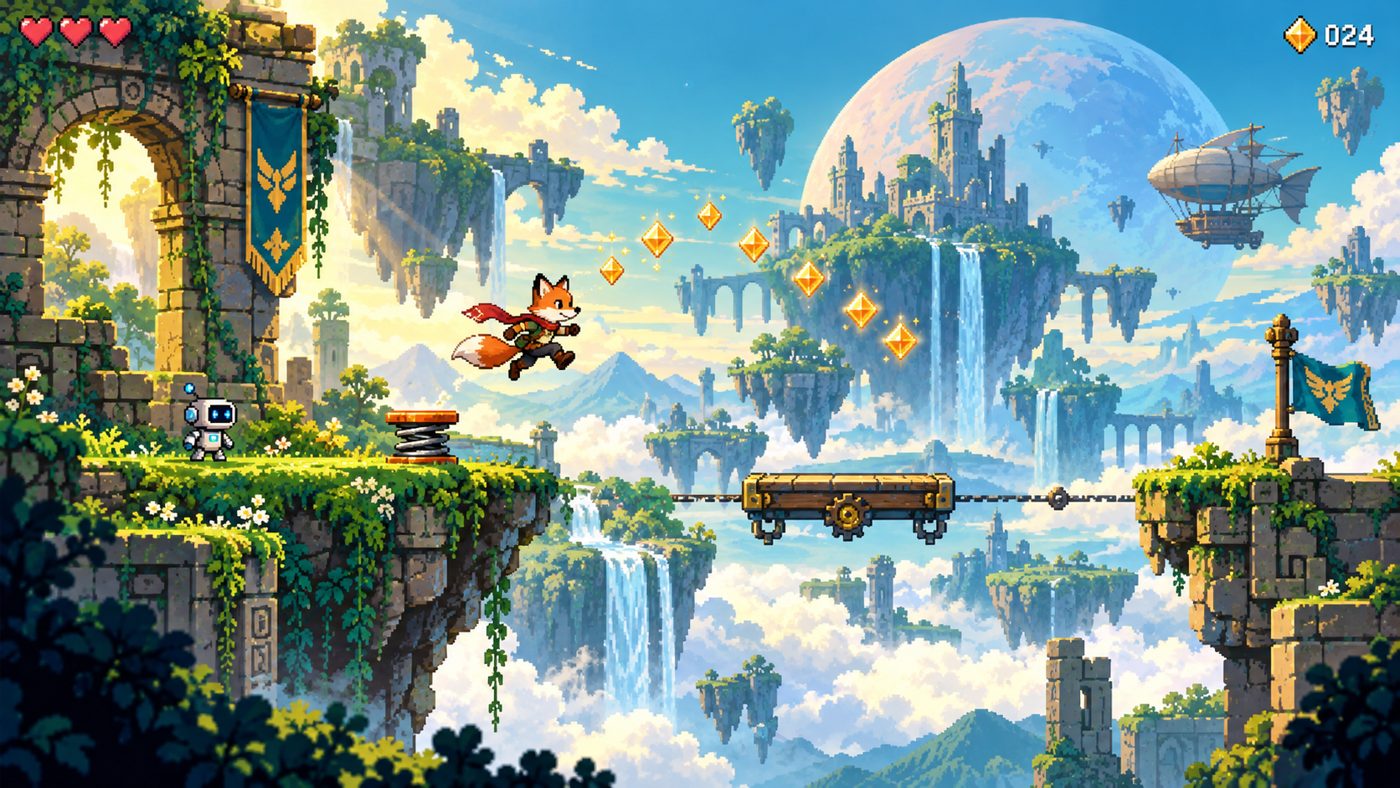 Pixel-art platformer concept: a fox in a red scarf leaps between floating island ruins, collecting gems, with a small robot companion