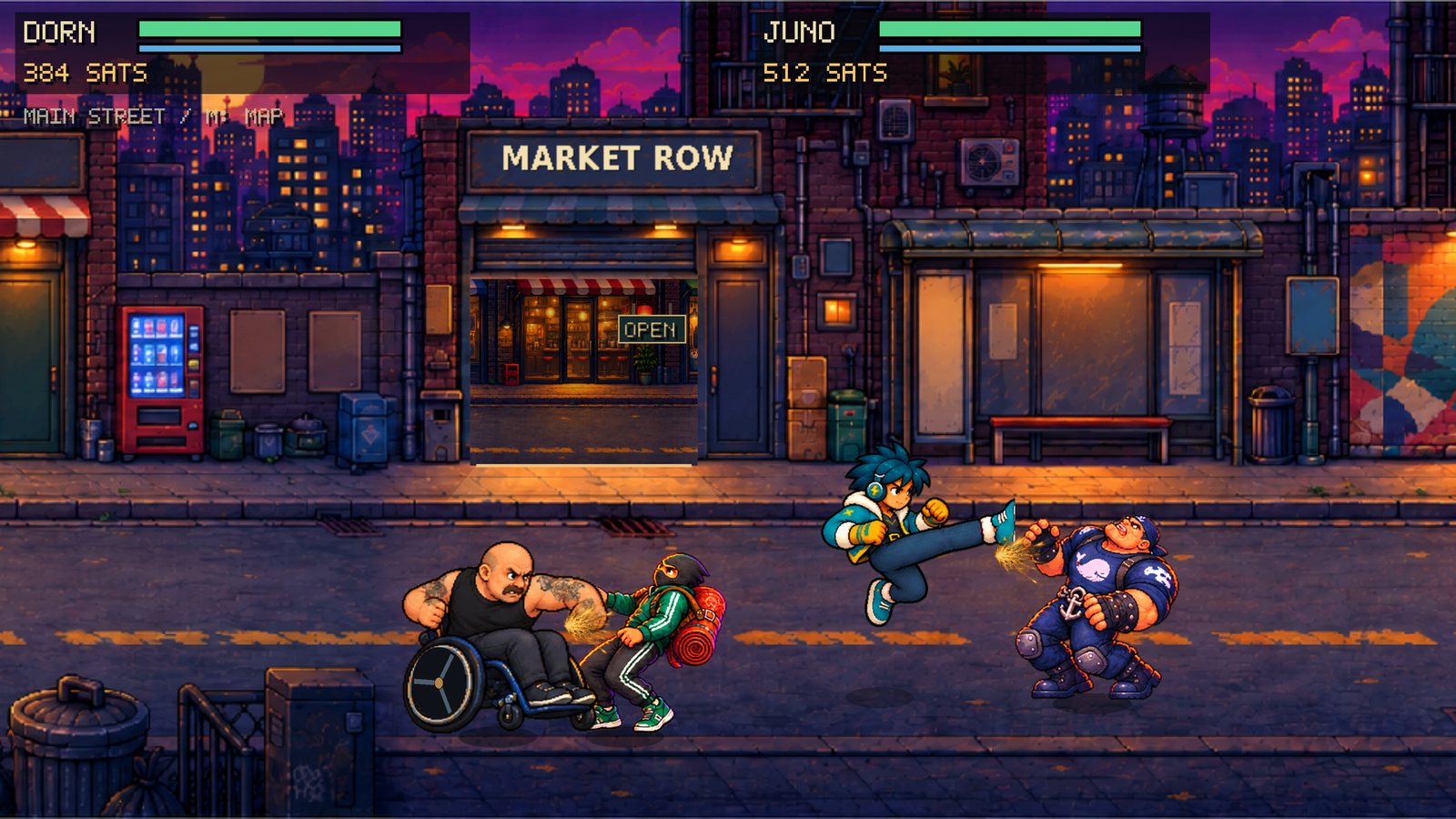 Crypto City Ransom, a pixel-art street brawler game with two players on a city street at dusk
