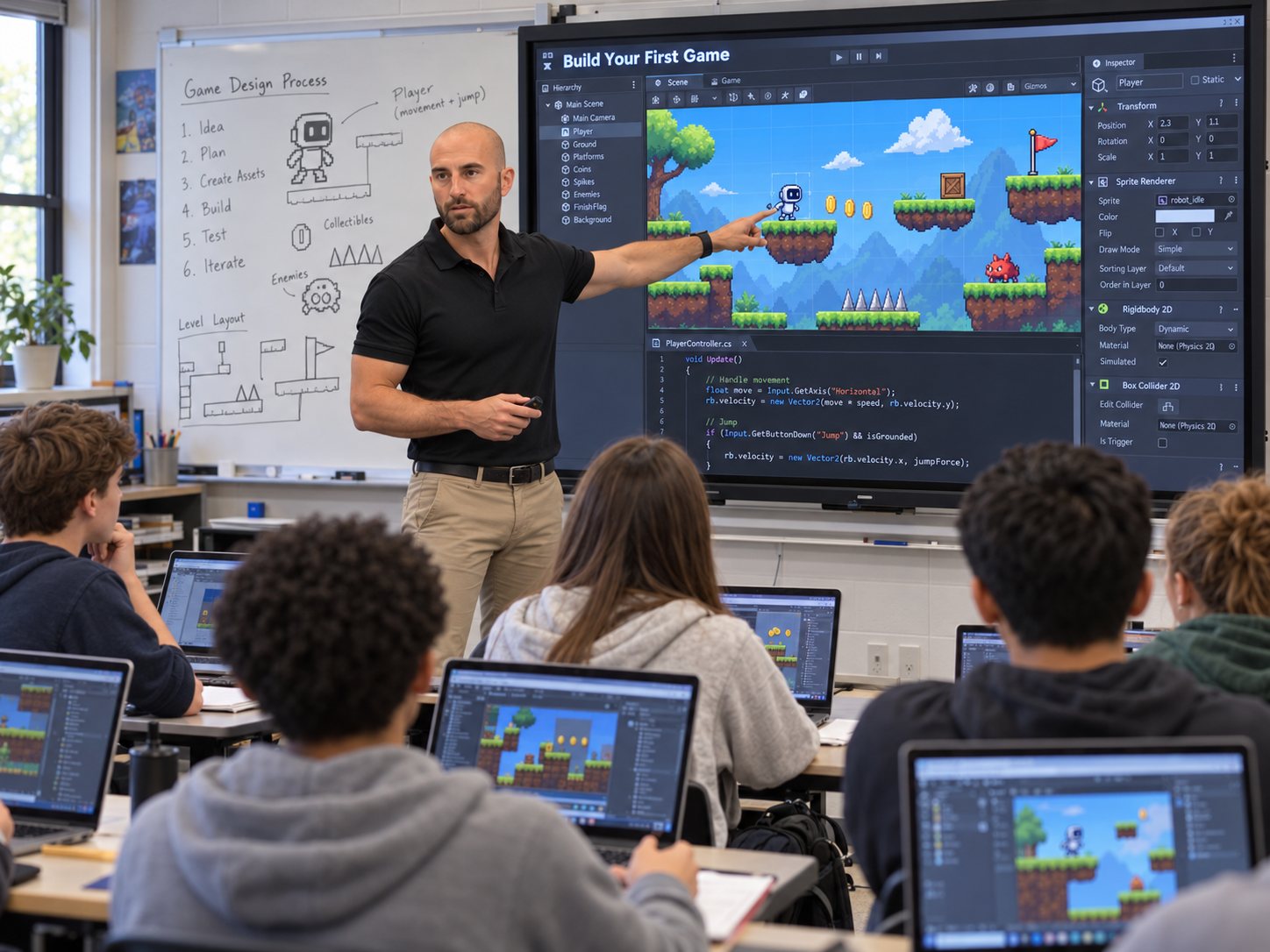 Gregory teaching high school students to build a platformer game, with the game editor on screen and the design process on the whiteboard