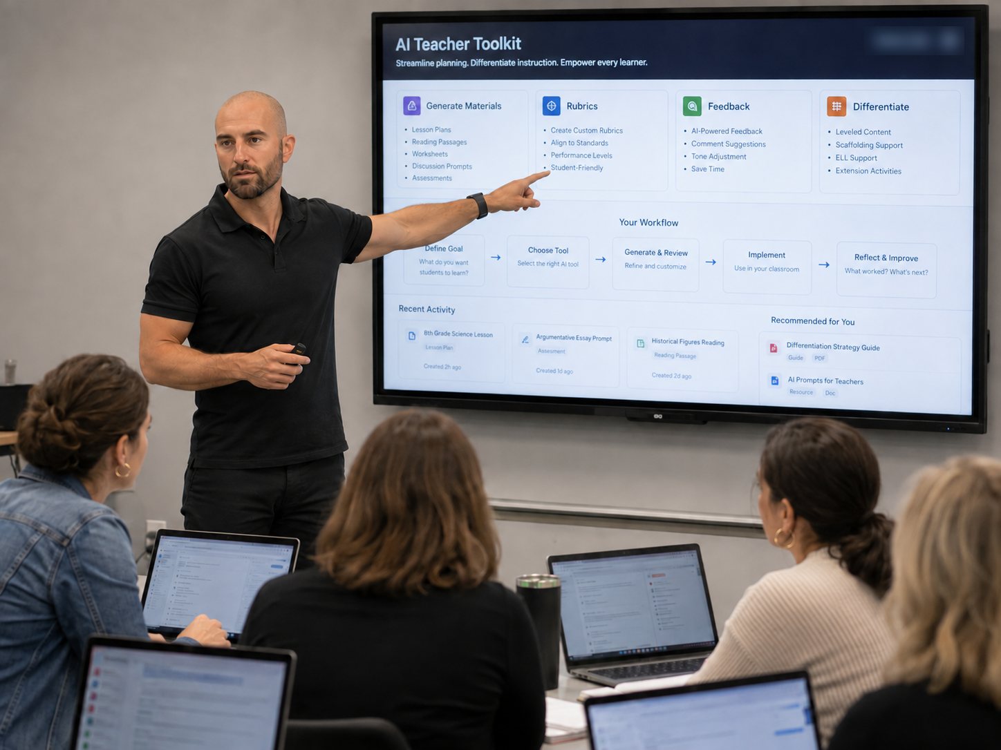 Gregory pointing to an AI teacher toolkit on a classroom display while teachers follow along on laptops
